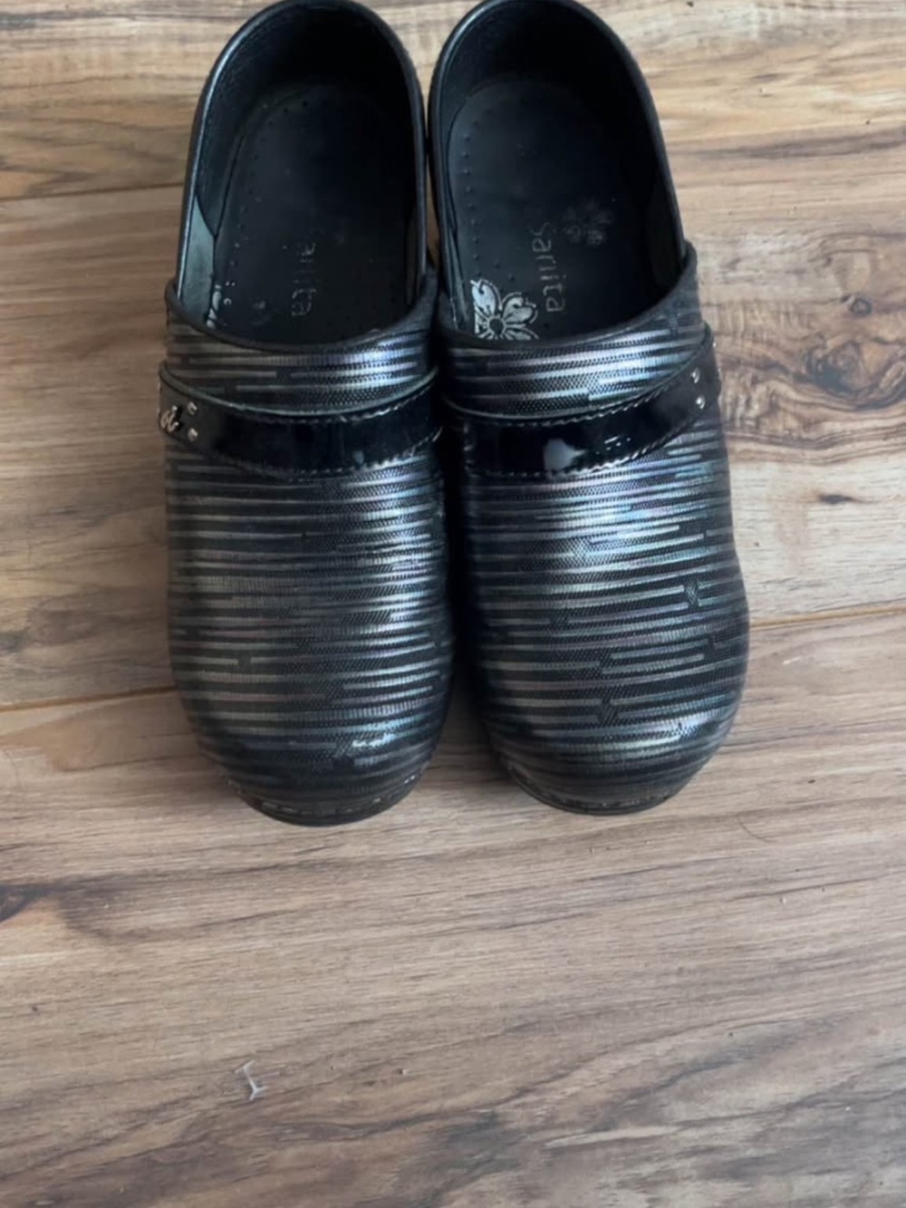 Sanita Black Striped Patent Leather Clogs
